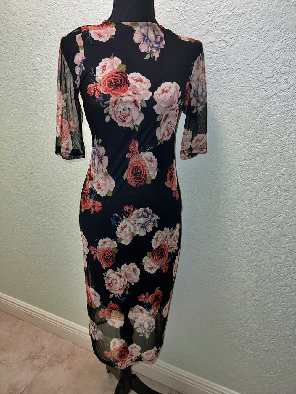 Monteau Black Mesh Midi Dress with Pink and Cream Roses